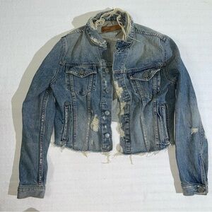 GRLFRND Cara Blue Denim Jacket Size XS Distressed USA Designer Raw Hem